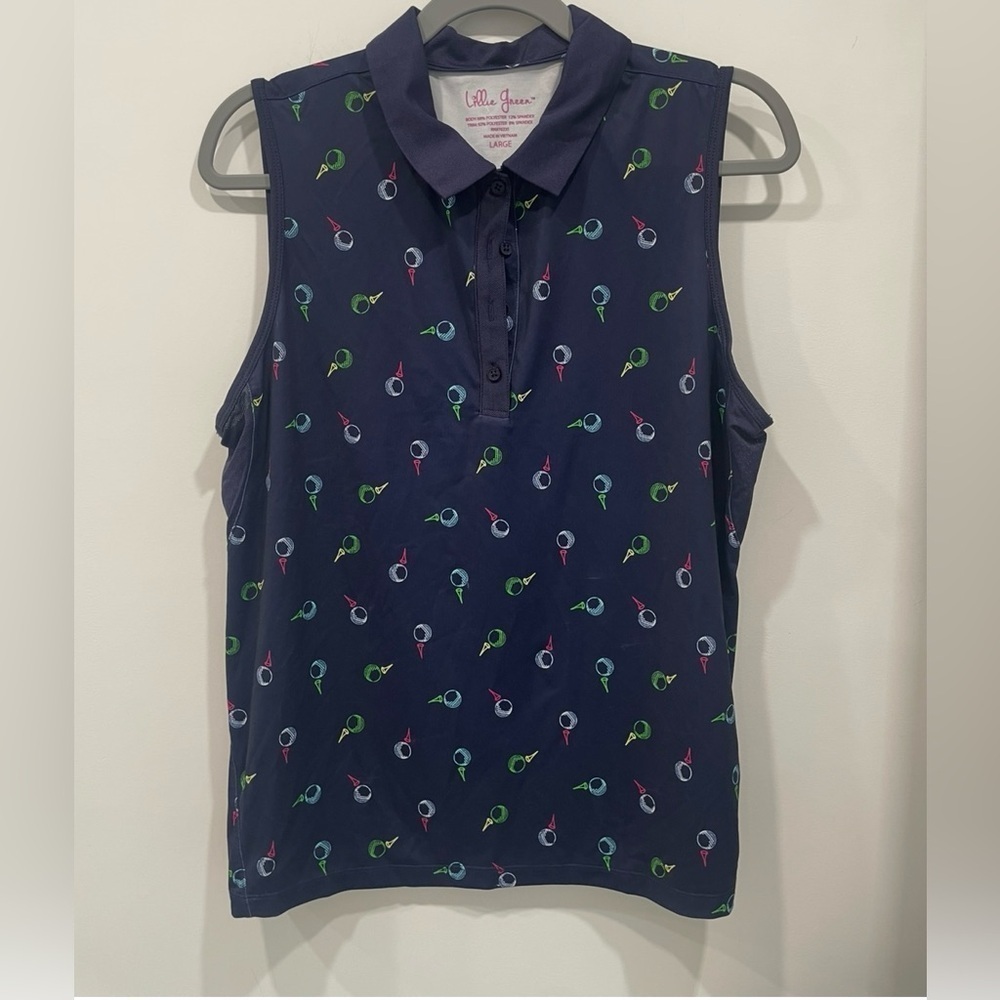 Lillie Green Polo Shirt Size Lg Blue Geometric Sleeveless Golf Vented Underarm